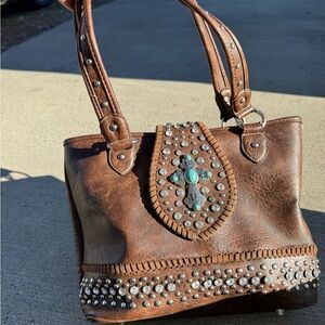 Brown Studded Leather Handbag
